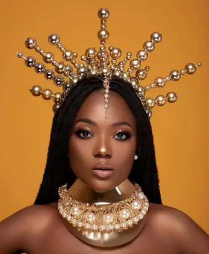 Efya in a gold beaded headpiece and collar against an ochre wall